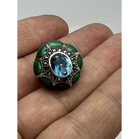 925 sterling silver enamel topaz Marcasite Ring size 6 - Picture 11 of 14